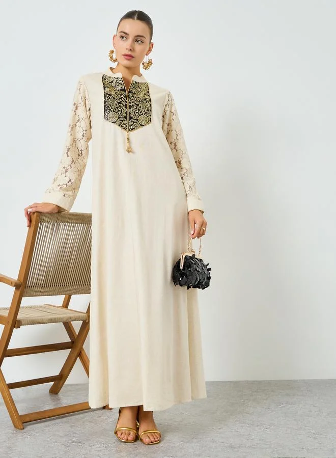 Maxim Creation  Cream Cotton Embroidered A-Line Jalabiya for Women | Best Price UAE